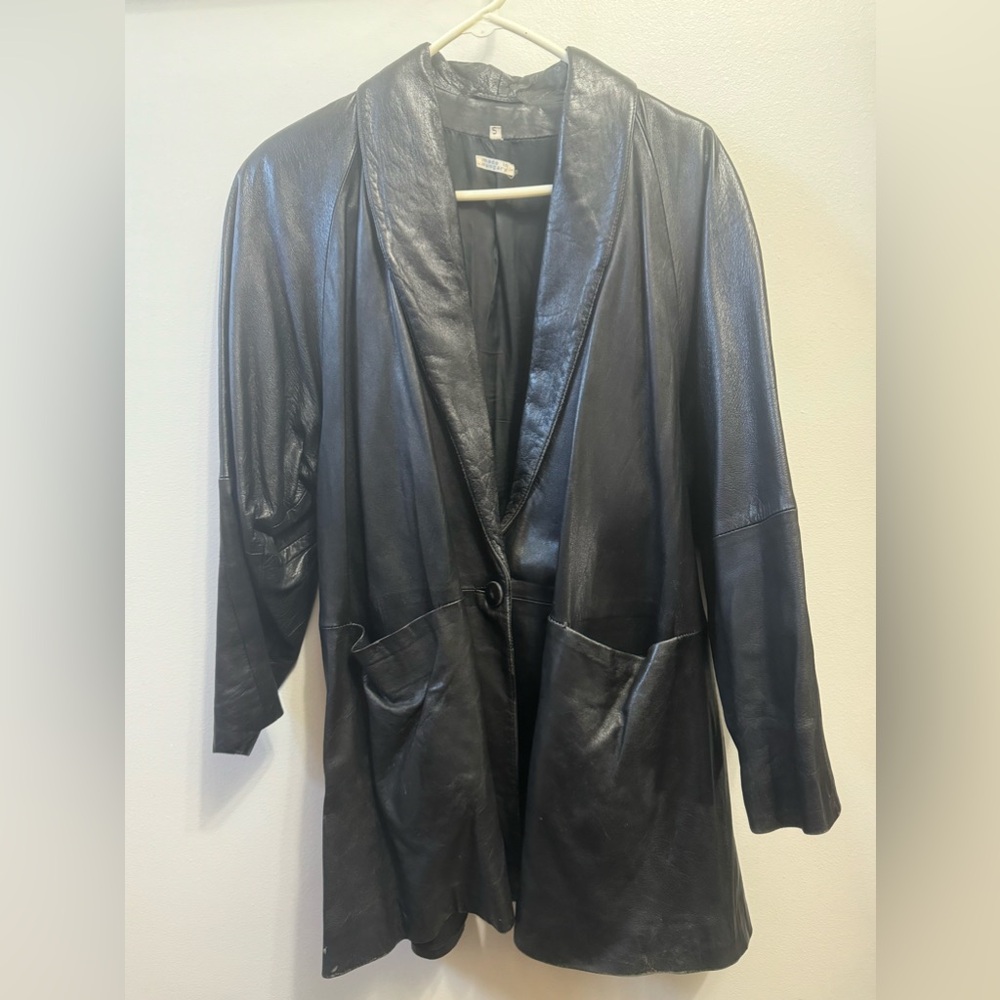 Womens Black Mid Thigh Leather Jacket Padded Shoulder Super Soft & Stylish SZ S